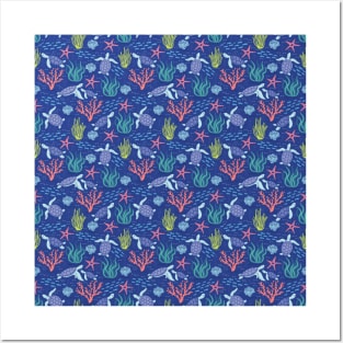 Blue sea turtle underwater ocean pattern Posters and Art